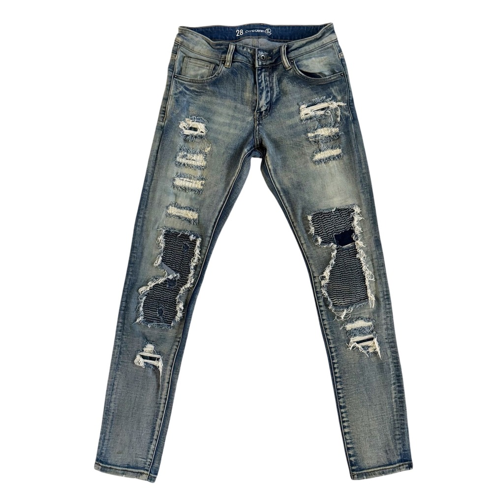 Crysp Denim Men's Distressed Ripped Patch Jeans Sz 28 Blue‎ 28x31 Moto Fit Biker